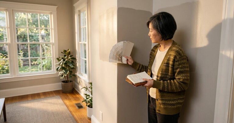 East Asian woman compares paint color swatches on a wall, a paintit ai style choice for listing photos