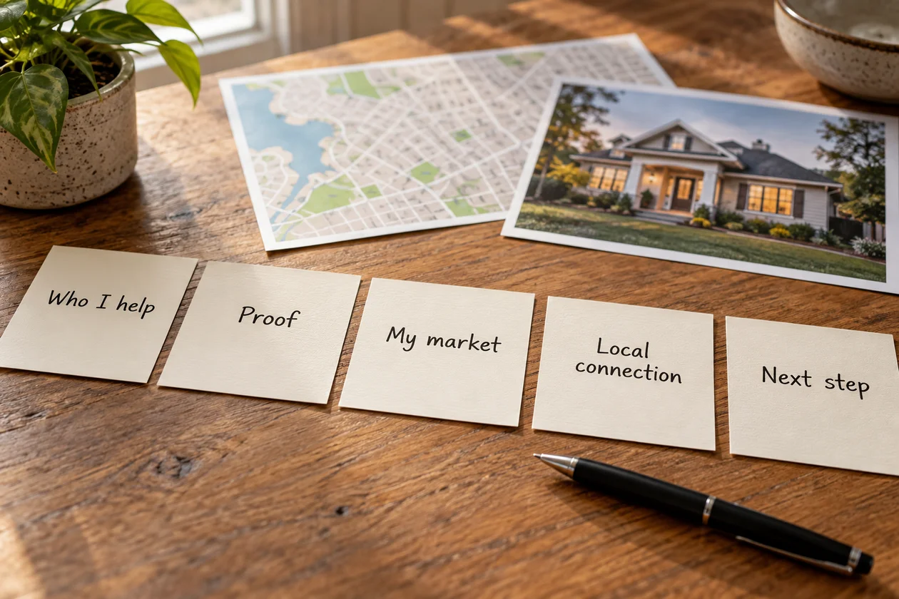 Five cards showing who I help, proof, my market, local connection, and next step for a real estate agent bio.