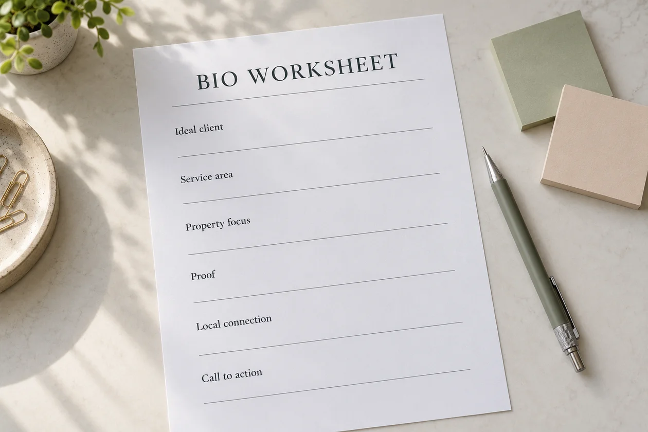 Real estate agent bio worksheet with six blank fields for client, area, focus, proof, connection, and call to action.