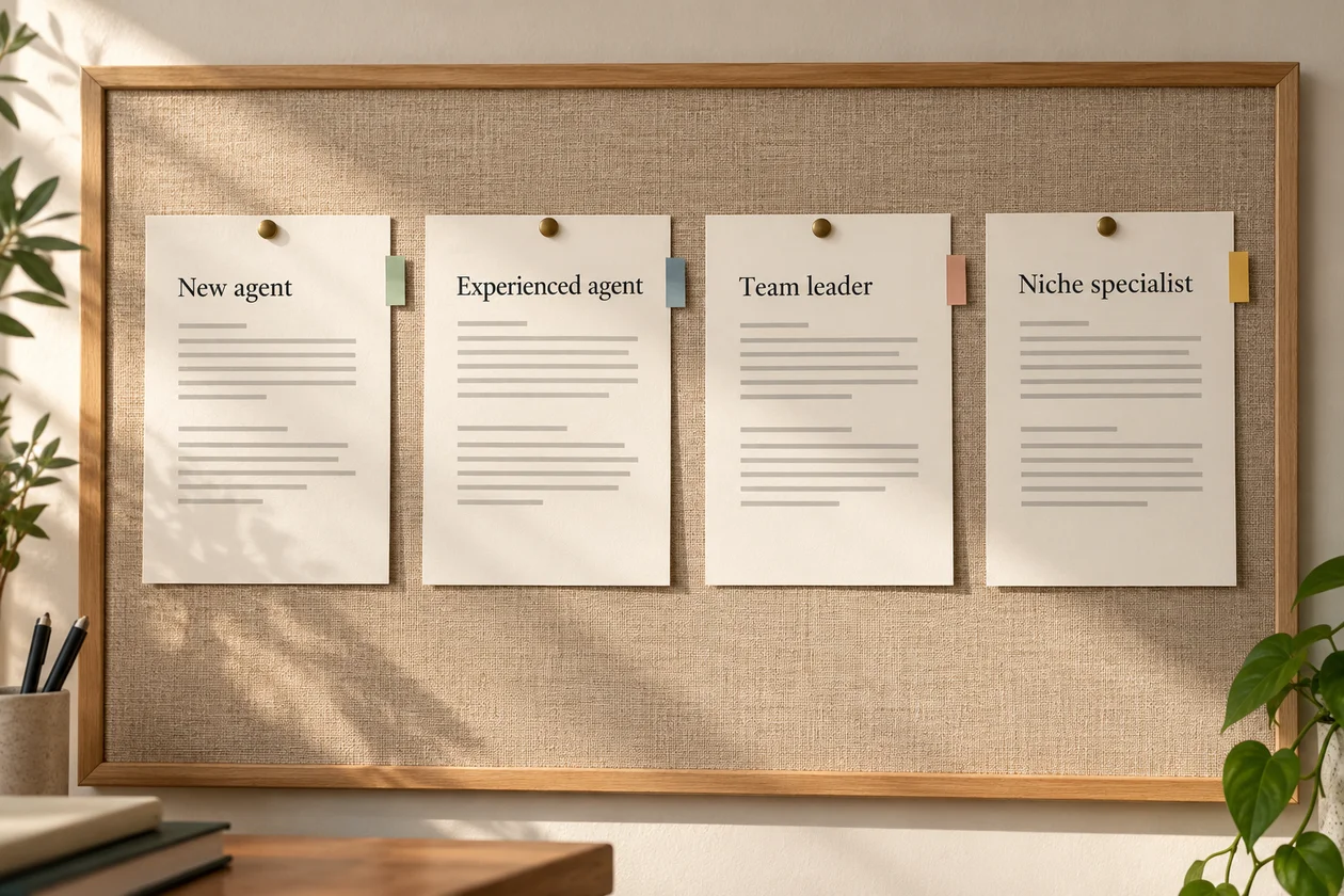 Sample bio drafts for a new agent, experienced agent, team leader, and niche specialist pinned to a board.