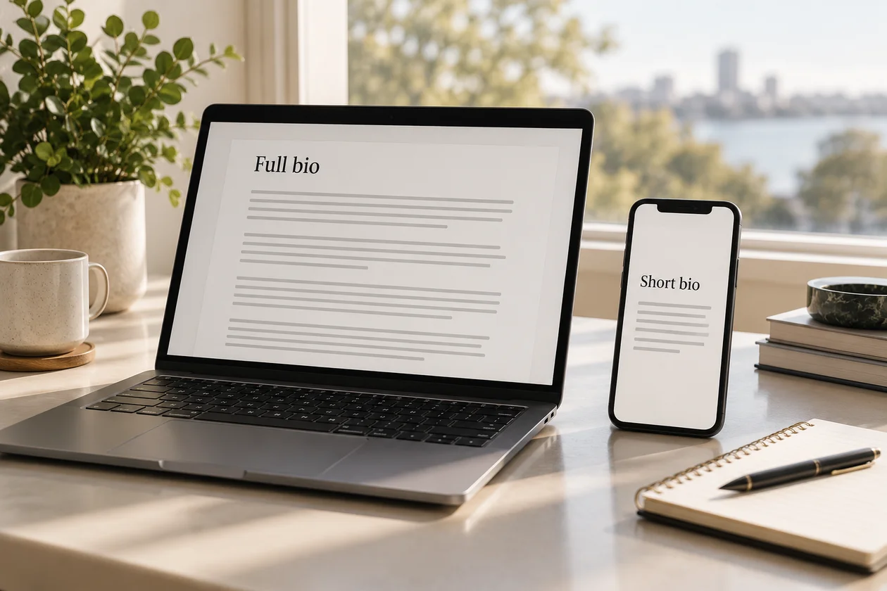 A full agent bio on a laptop beside a shorter bio on a phone.