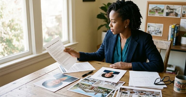 Agent reviewing a printed real estate agent bio alongside her headshot and listing photos
