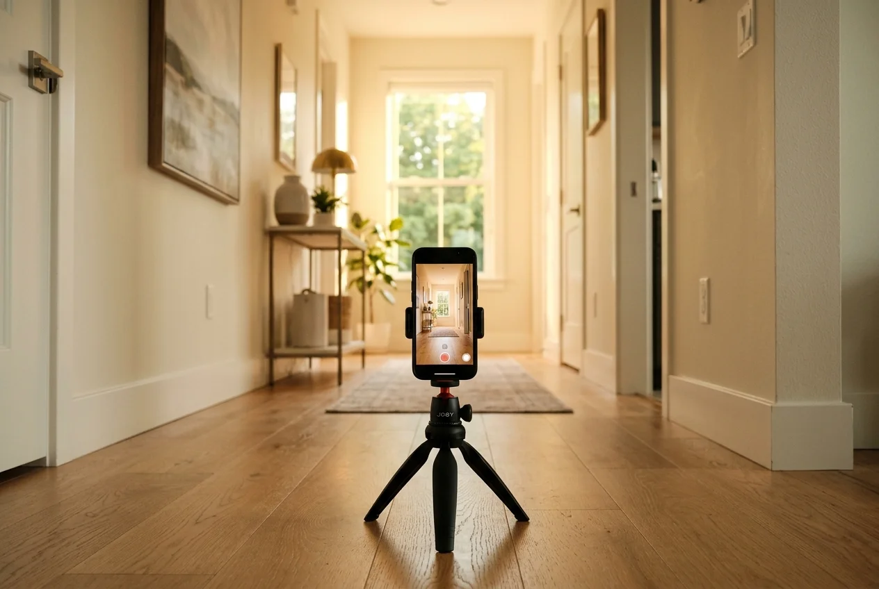 Smartphone on a tripod filming a vertical home tour for real estate instagram marketing