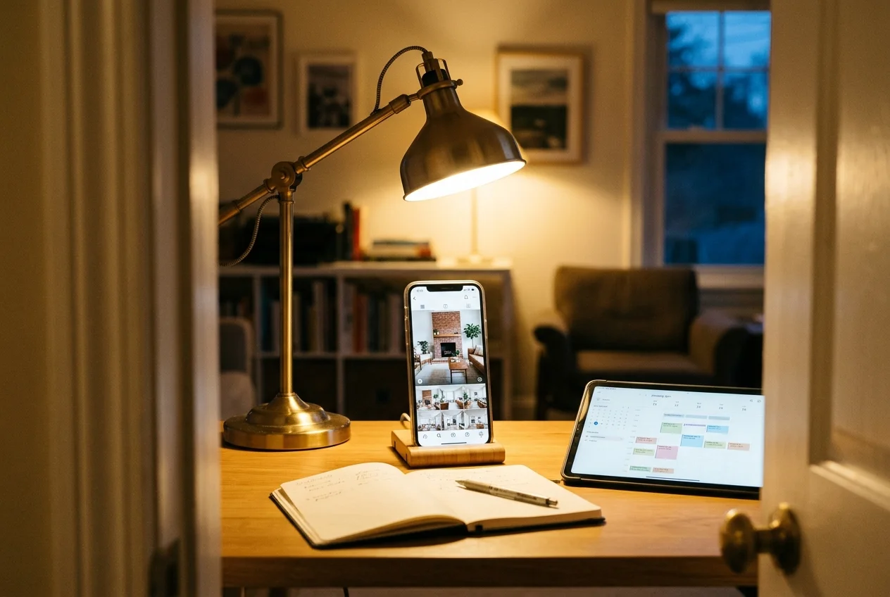 Home office desk showing real estate instagram content feeding into an appointment booking screen