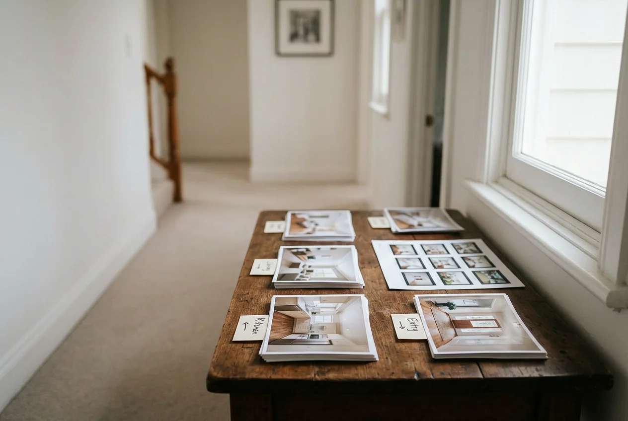 Printed listing photos labeled by room, showing how real estate instagram visuals are sourced