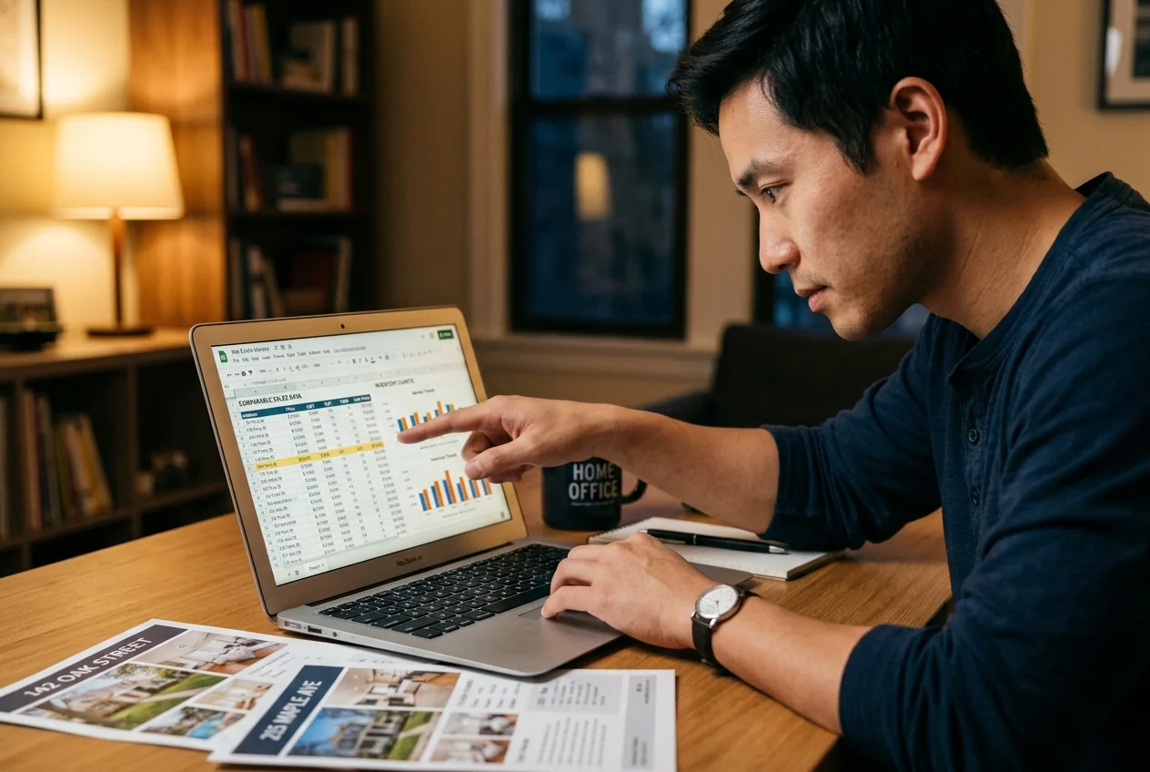 Agent reviewing comp data on screen, a real estate negotiation tactic used before writing an offer