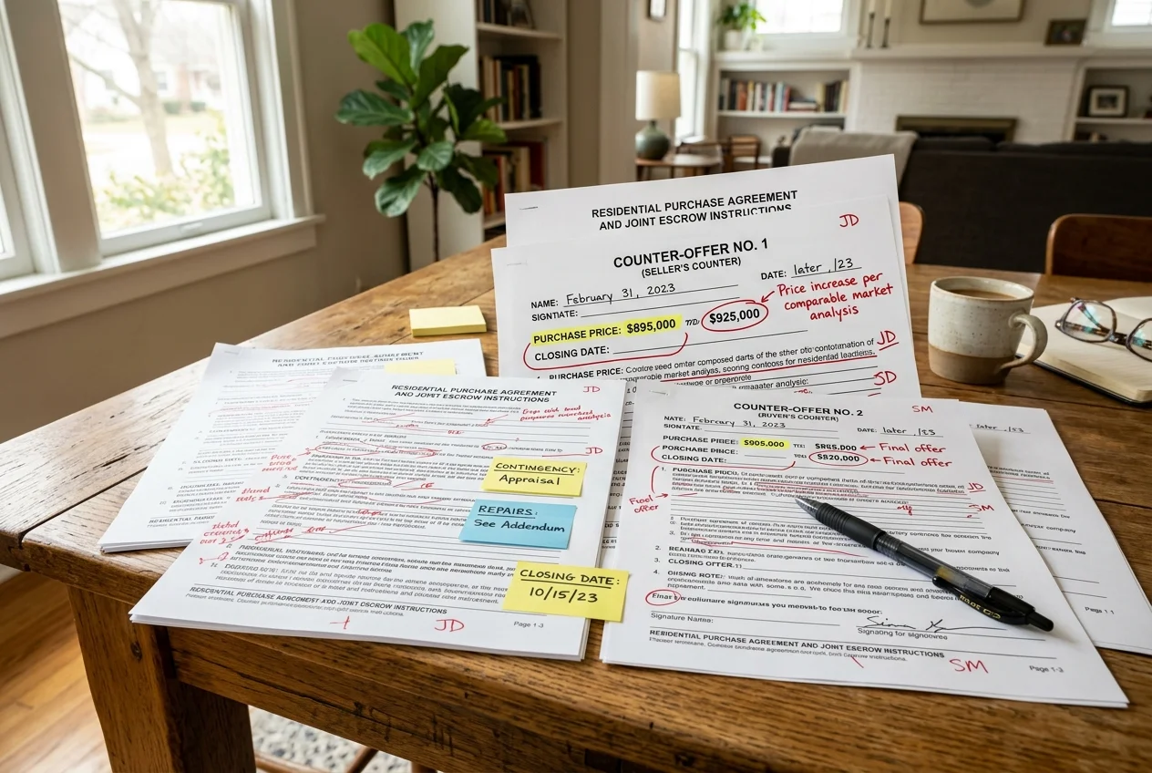 Marked-up counter offer paperwork on a table shows real estate negotiation decision points in action.