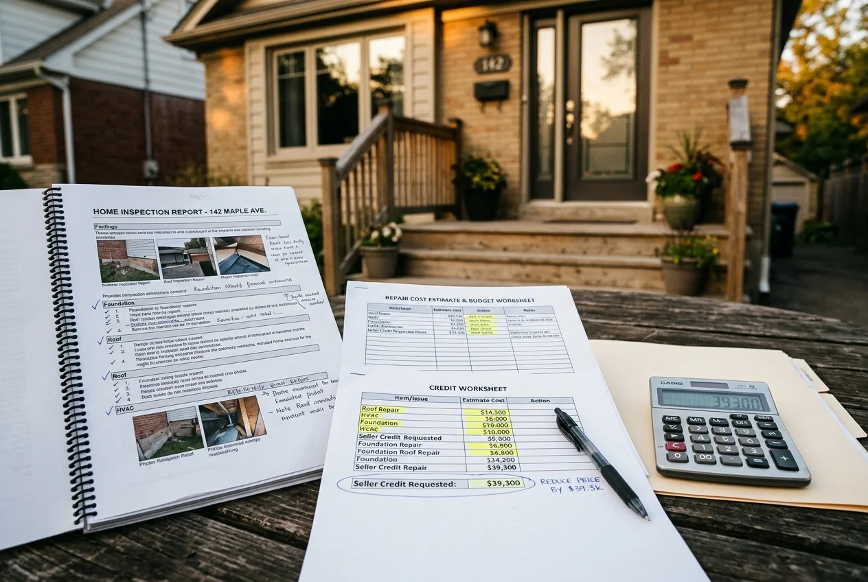Inspection report and repair estimates on a table illustrate real estate negotiation after inspection