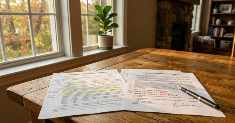 Printed offer and counteroffer paperwork illustrating real estate negotiation tactics for agents and buyers