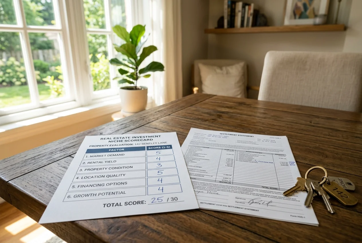 Printed scorecard, settlement statement, and keys used to evaluate a real estate niche