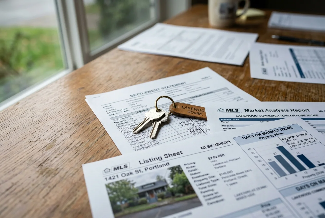 Settlement statement and keys with MLS reports used to validate a real estate niche