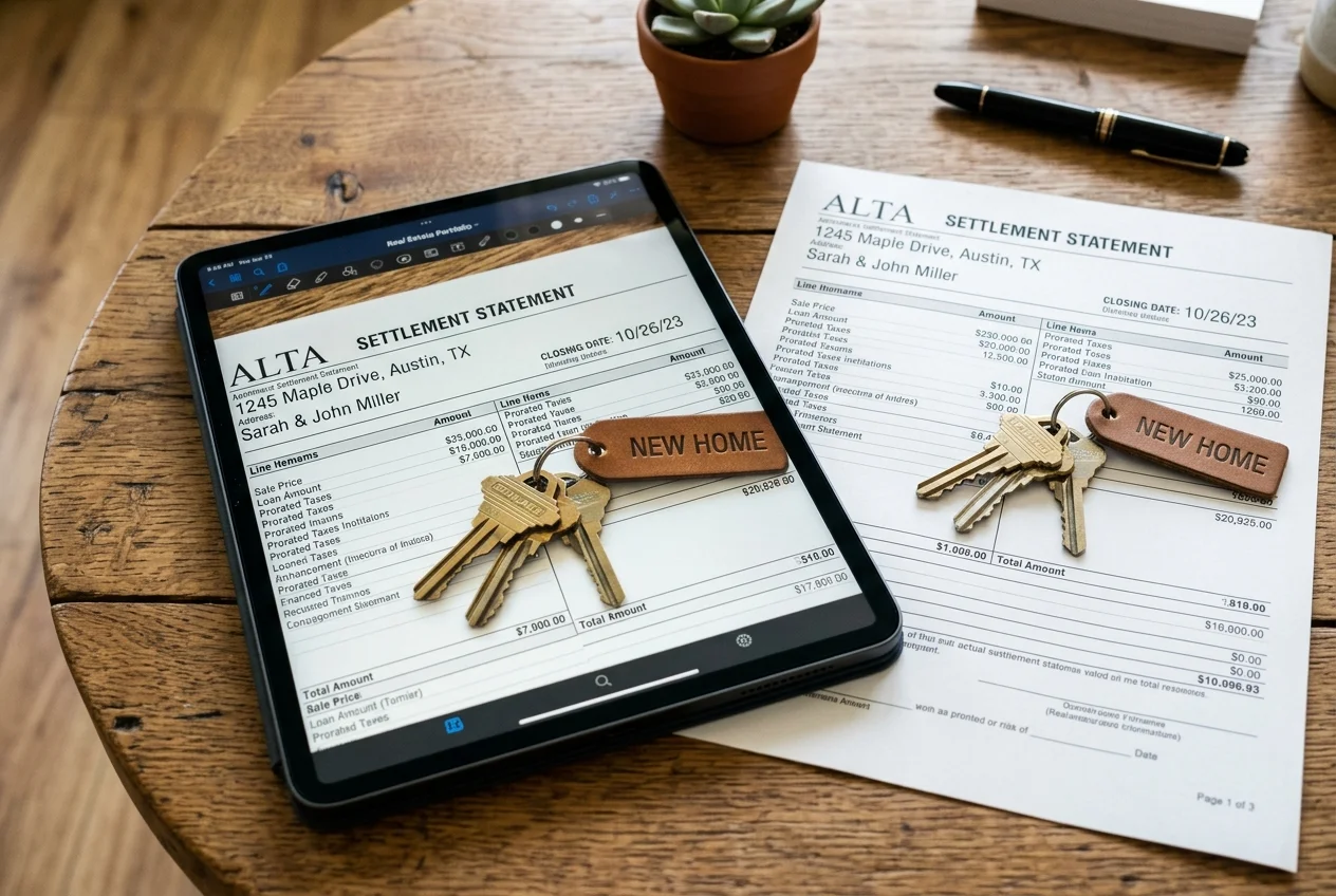 Tablet screen and printed settlement statement with keys illustrate matching visuals to a real estate niche