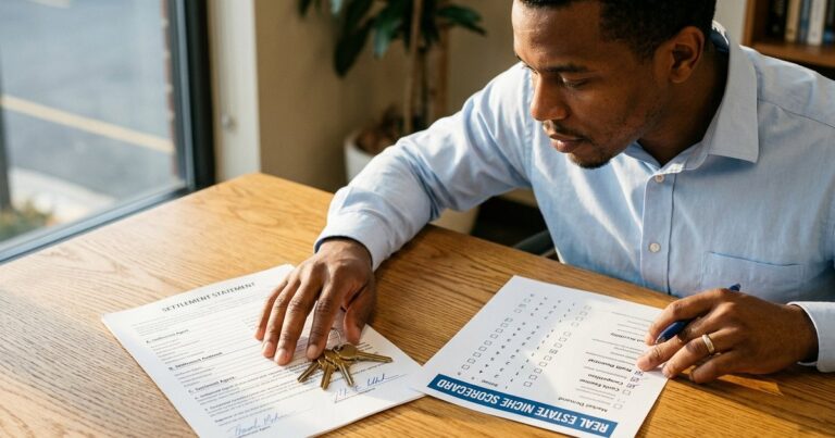 Settlement statement, keys, and scorecard on a table illustrate choosing a real estate niche