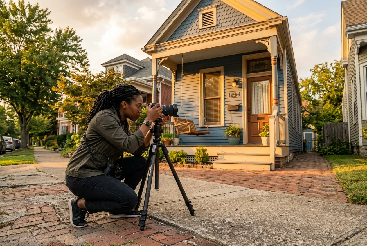 Real estate photographers louisville capturing a Highlands shotgun house exterior at golden hour