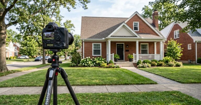 Camera on tripod photographing a Louisville home, representing real estate photographers louisville directory