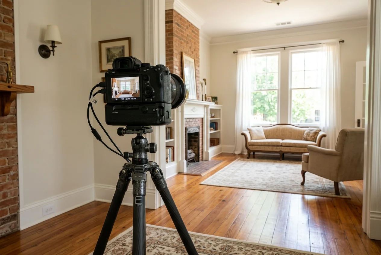 Camera on tripod capturing a bright living room, illustrating real estate photographers memphis listing quality