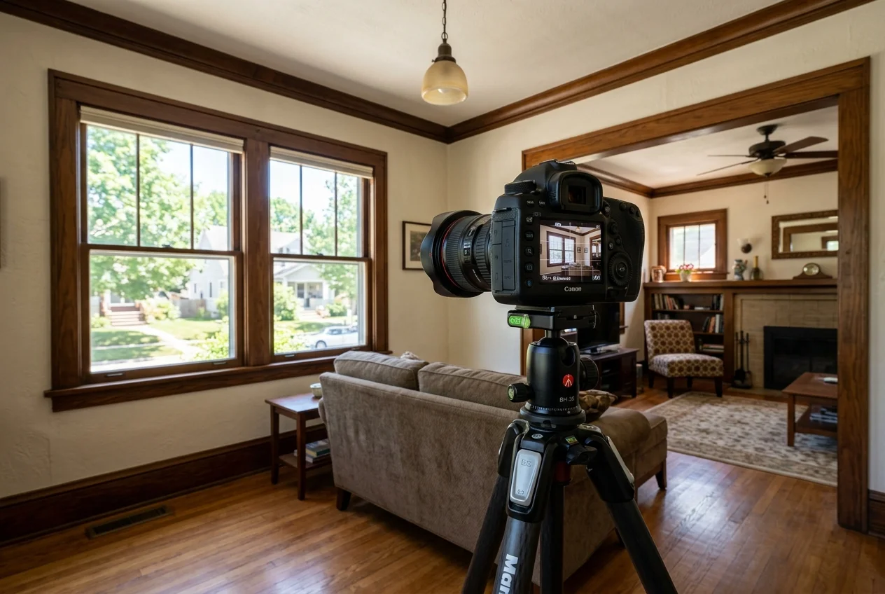 Camera on tripod capturing a Milwaukee room, illustrating real estate photographers milwaukee precision