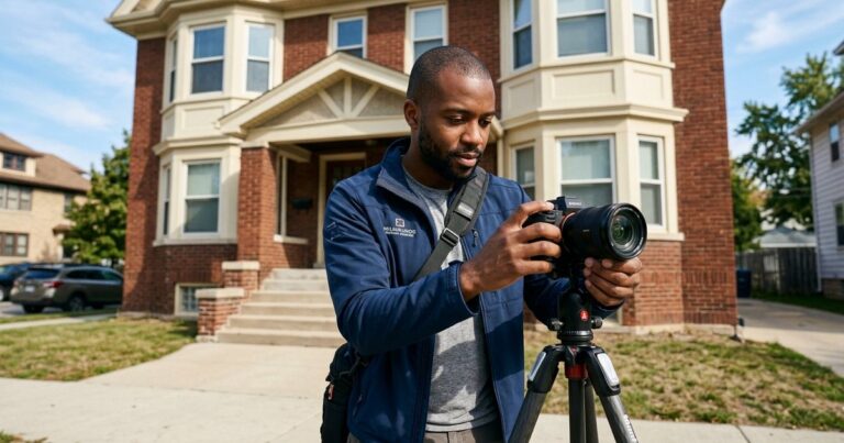 Real estate photographers milwaukee setting up a camera outside a brick duplex