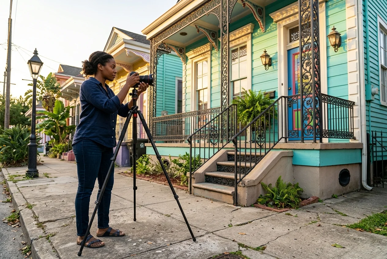 Real estate photographers new orleans capturing a shotgun house facade at golden hour