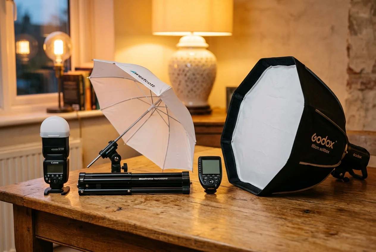 Gear ladder of real estate photography lighting equipment arranged by capability on a table