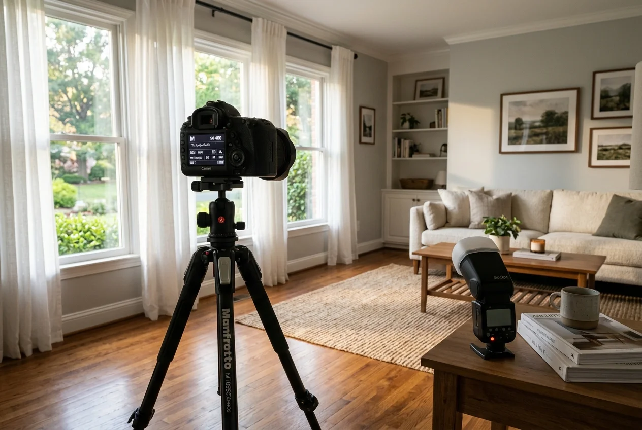 Camera settings dial showing ambient exposure, key step in real estate photography lighting