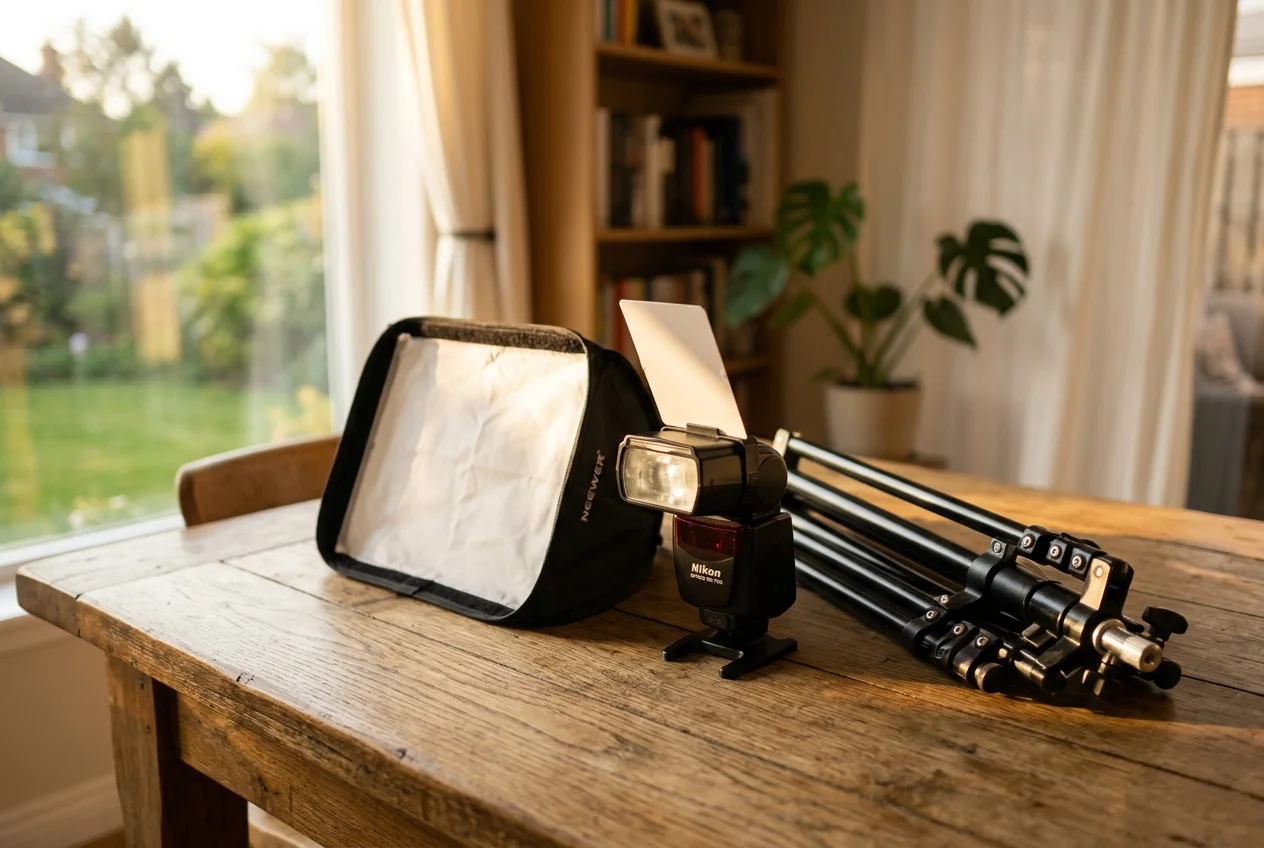Flash, bounce card, and diffuser gear illustrating real estate photography lighting setup