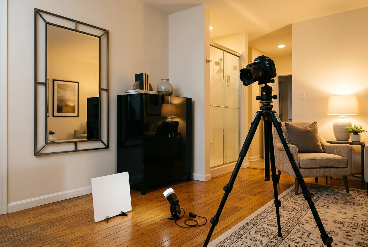 Camera angled away from mirror and glossy cabinet showing real estate photography lighting technique