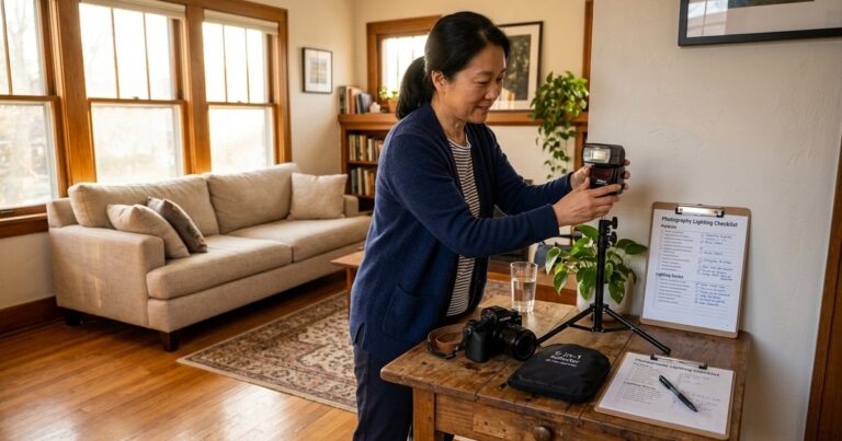 Photographer arranging gear and notes while setting up real estate photography lighting in a living room