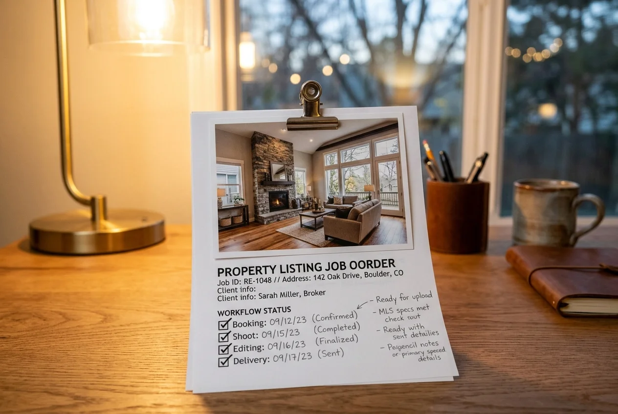 Printed listing photo and order sheet illustrating real estate photography scheduling software tracking a job