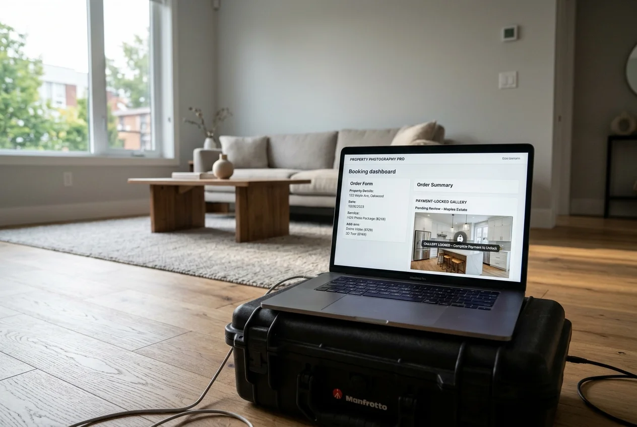 Laptop showing real estate photography scheduling software with a finished listing photo thumbnail