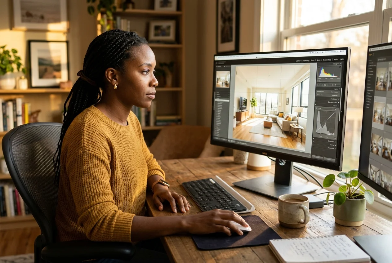 Editor refining a listing photo, showing why real estate photography scheduling software isn't the bottleneck