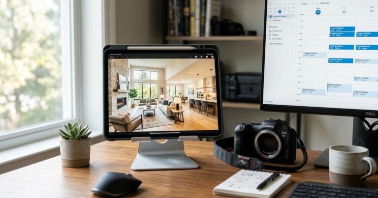 Finished listing photo and calendar screen showing real estate photography scheduling software in use