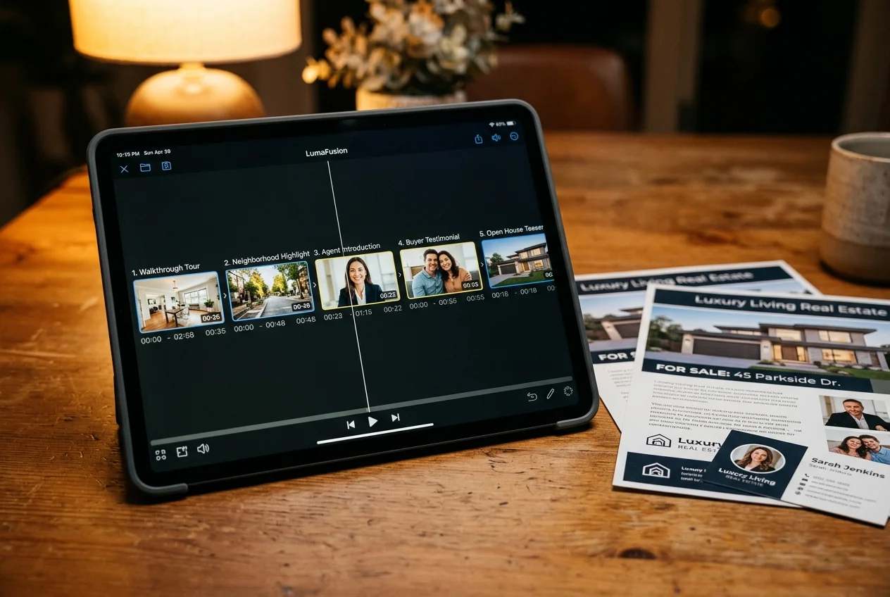 Tablet screen showing five video formats used in real estate video marketing for listings