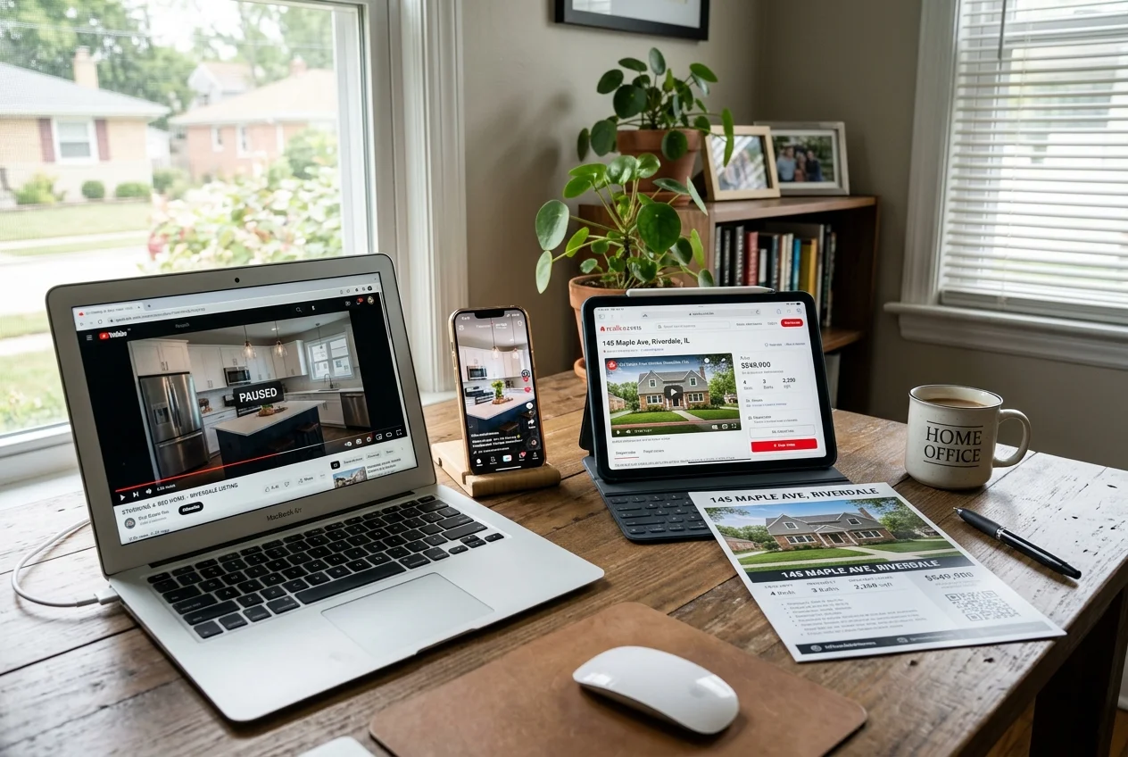 Devices showing real estate video marketing distributed across YouTube, short-form, and portal listings