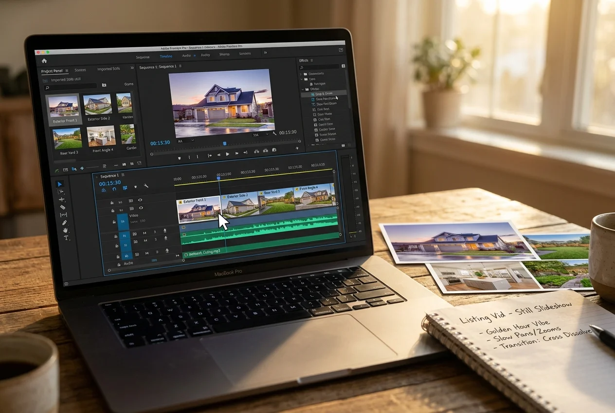 Laptop editing exterior listing photos into a slideshow for real estate video marketing