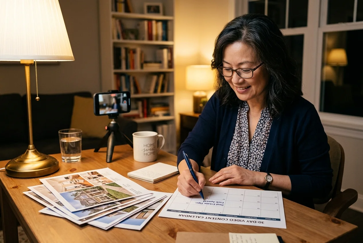 Agent plans a real estate video marketing calendar at her desk in lamplight
