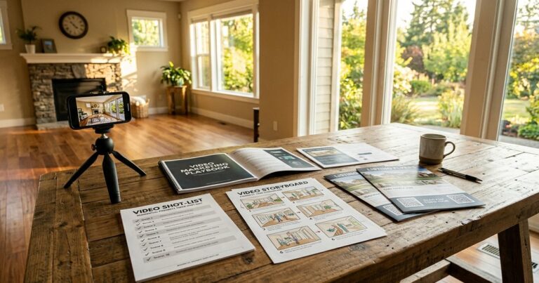 Printed playbook and shot list illustrating real estate video marketing on a table