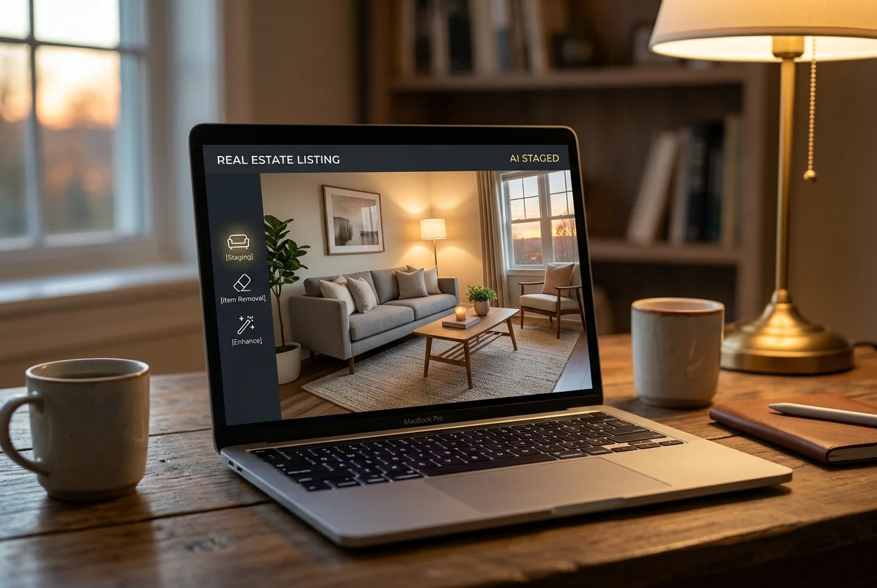 Screen showing a listing photo from one of several reroom ai alternatives with staging and enhancement tools
