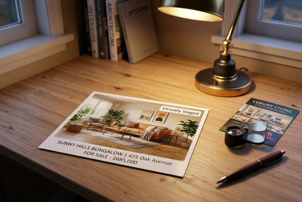 Printed listing photo labeled virtually staged, illustrating reroom ai alternatives disclosure practices