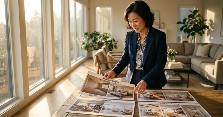 Woman reviewing printed photos while comparing reroom ai alternatives for room redesign