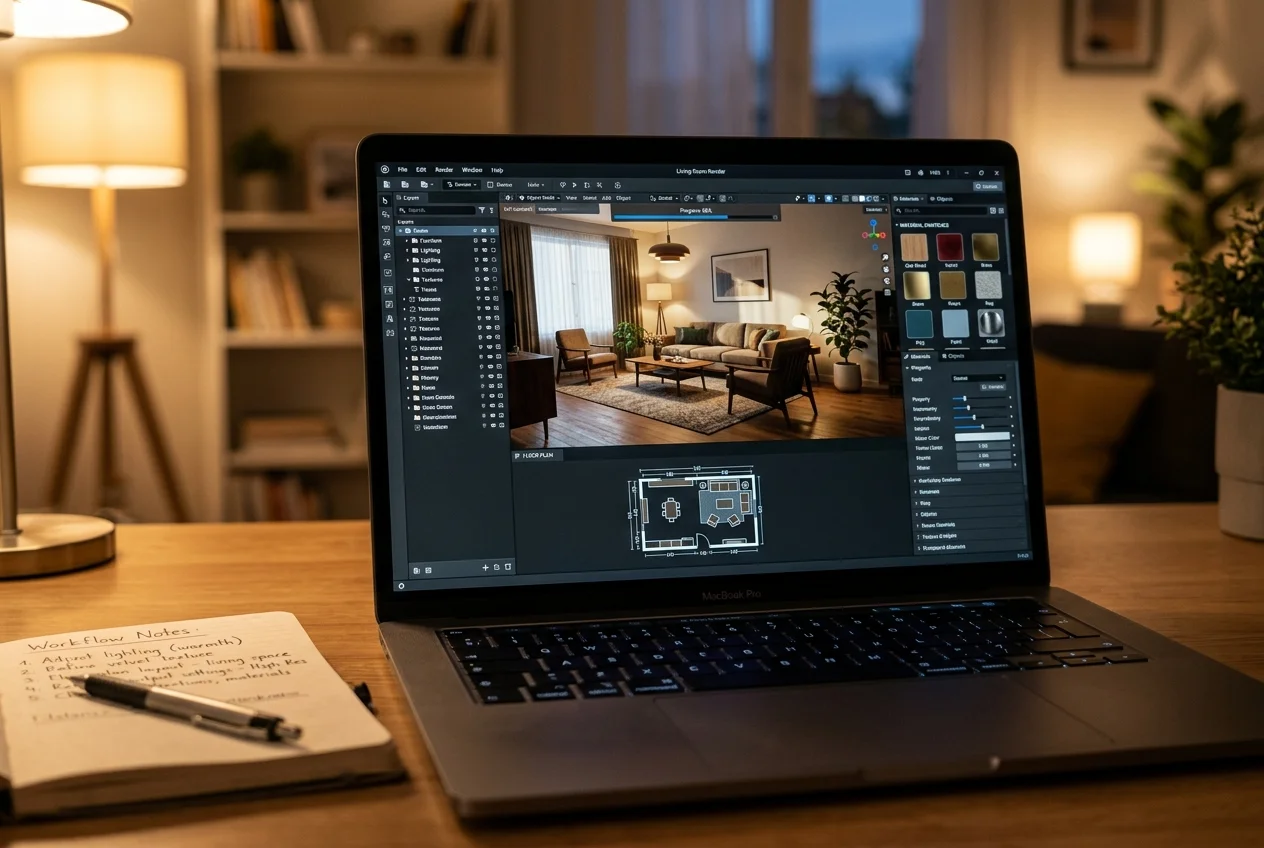 Laptop screen showing 3D home design software, illustrating sketchup alternatives for interior workflows