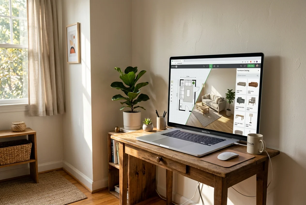 Browser-based sketchup alternatives tool turning a rough floor plan into a furnished room on screen