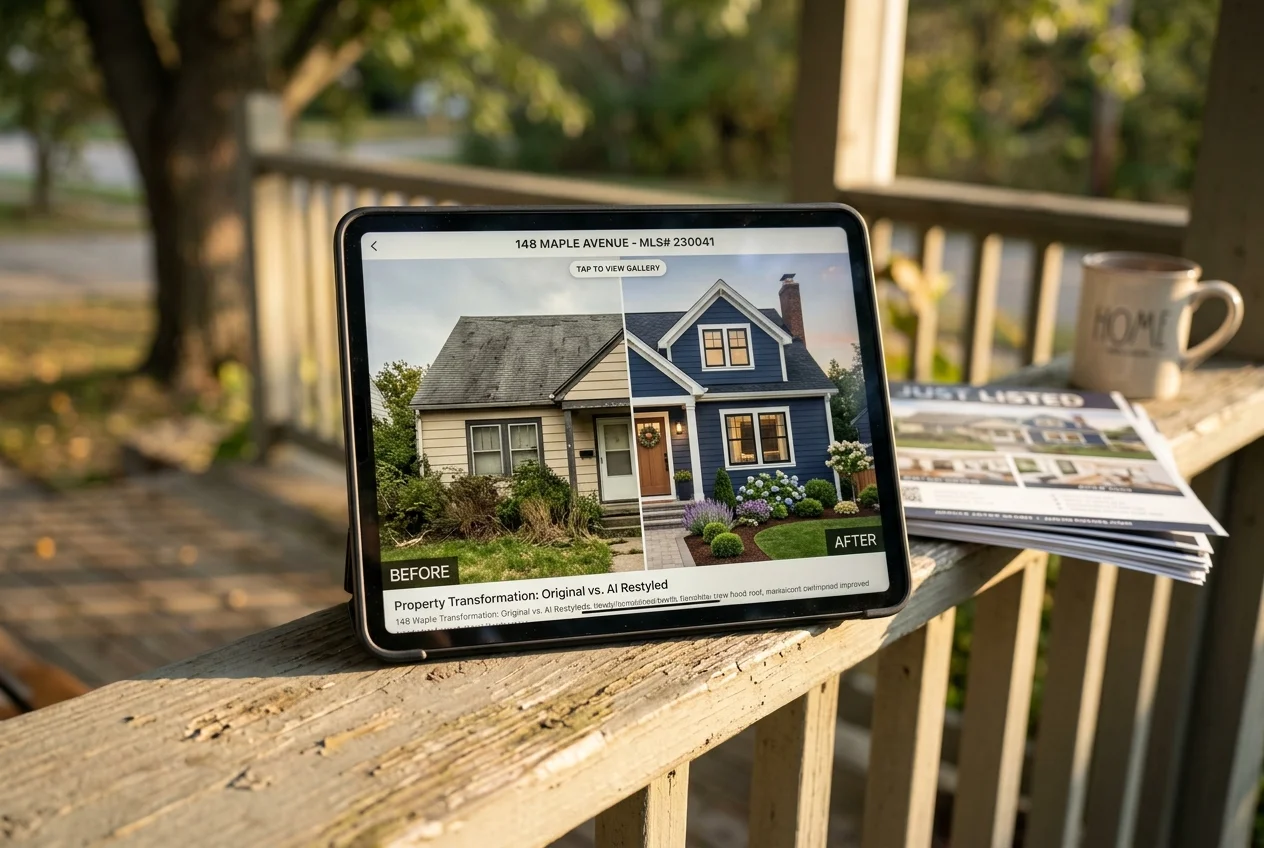 Tablet showing listing photo transformation, one of several sketchup alternatives for restyling home exteriors