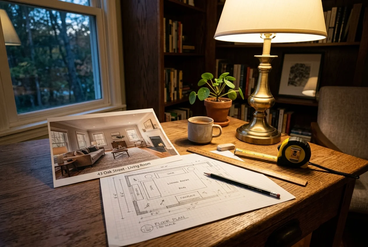 Printed photo and scaled floor plan together illustrate sketchup alternatives workflow for interior design