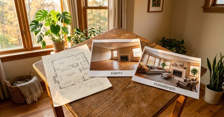 Printed listing photo with floor plan and mockup prints illustrating sketchup alternatives for design