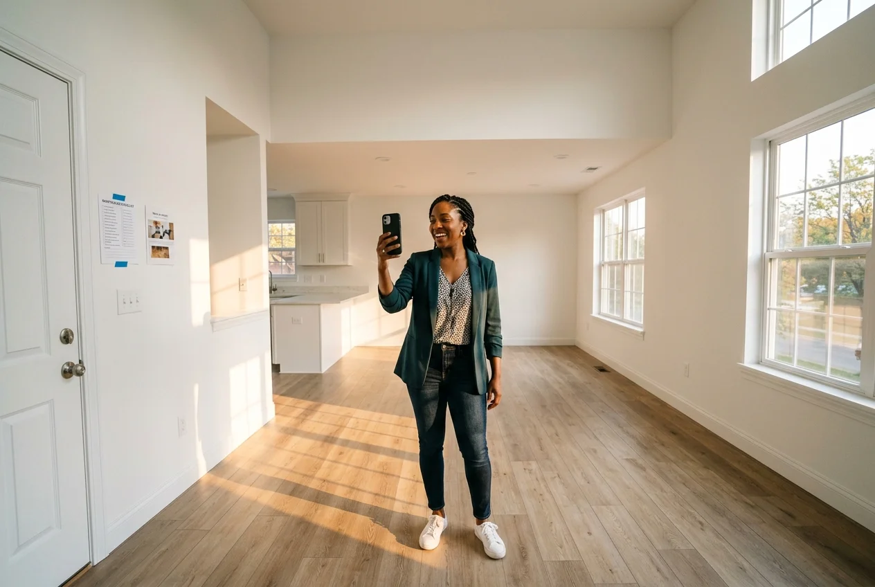 Black woman in her 30s filming virtual tour apartments content in a freshly cleaned, unstaged rental unit
