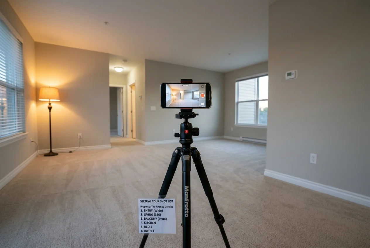 Smartphone on tripod filming a vacant condo for virtual tour apartments on turn day