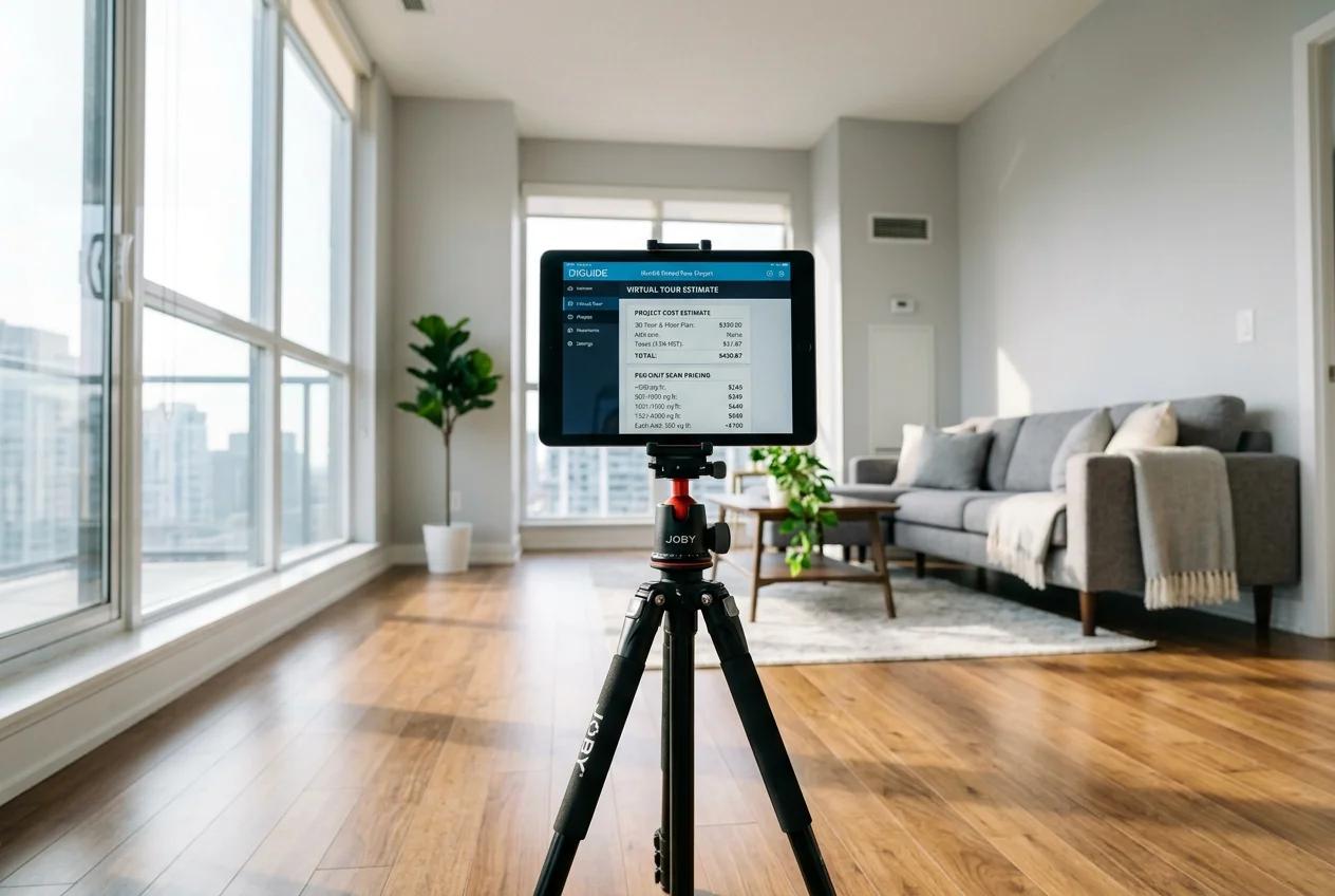 Tablet showing virtual tour apartments software pricing inside a sunlit condo living room