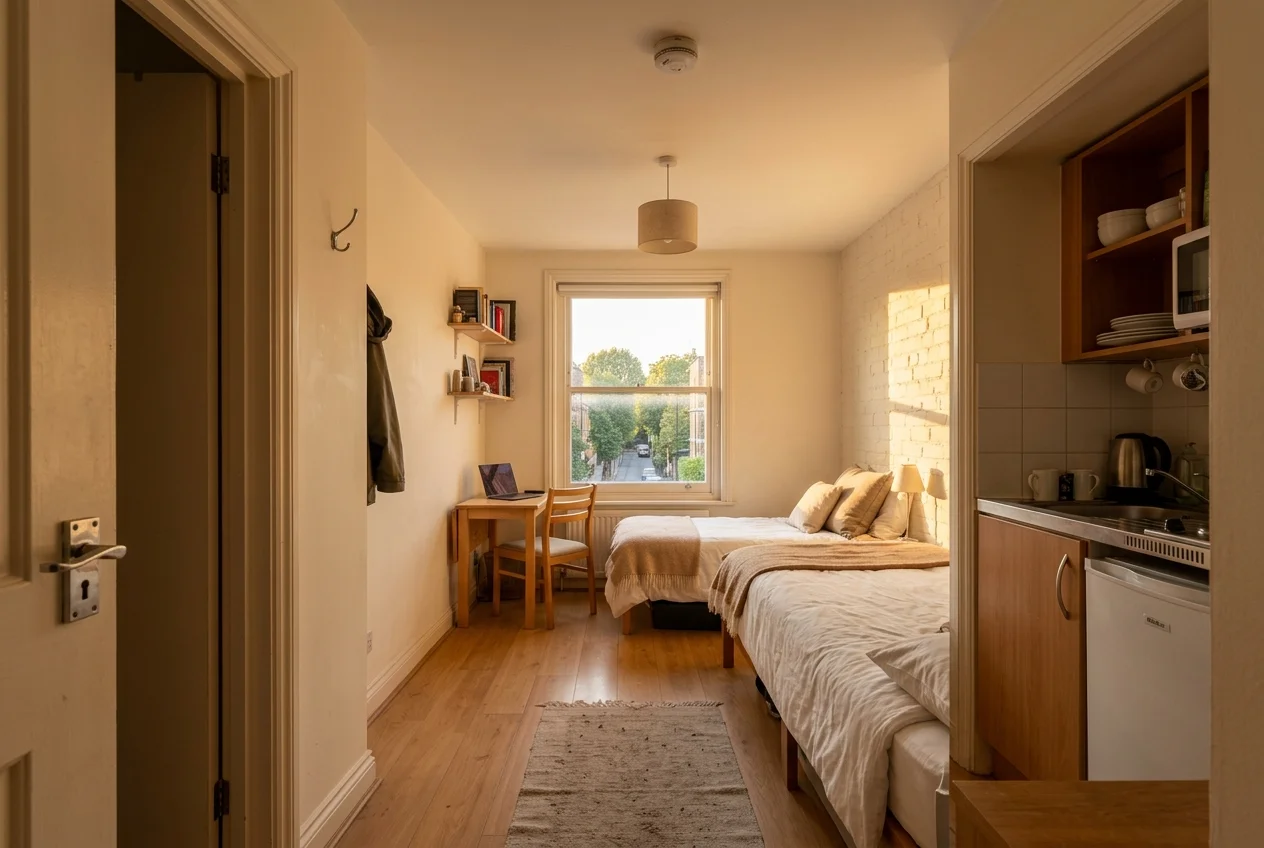 Tripod camera leveled at doorway of tiny studio for virtual tour apartments shoot