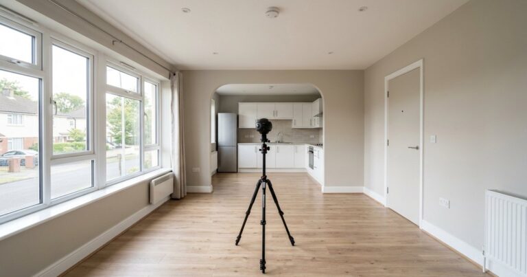 360 camera on tripod capturing virtual tour apartments in a vacant rental unit